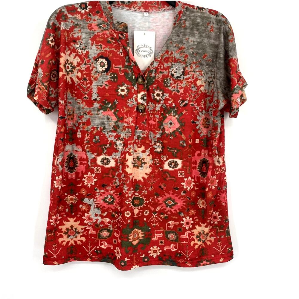 Camisa Red Boho Floral Popover Short Sleeve Shirt Size Small